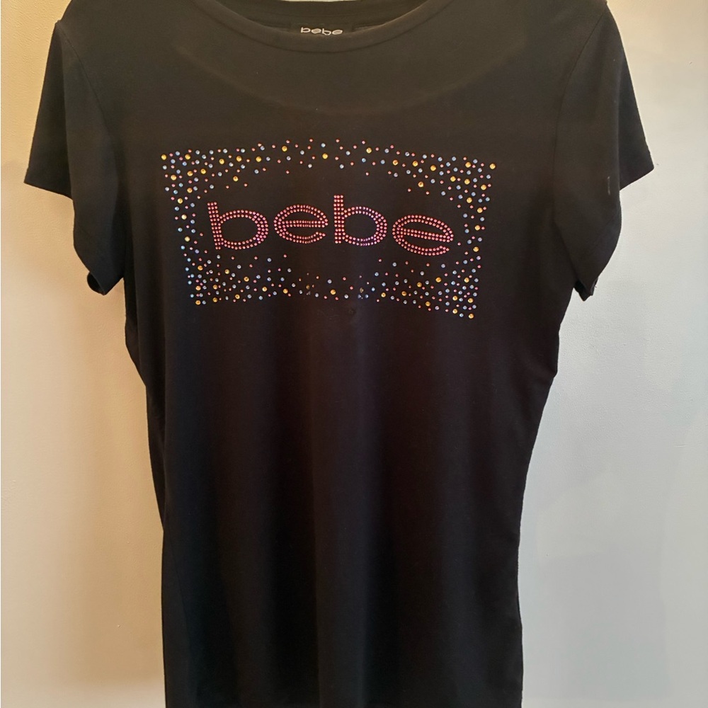 bebe Black Short Sleeve Tee with Multicolor Stud Logo